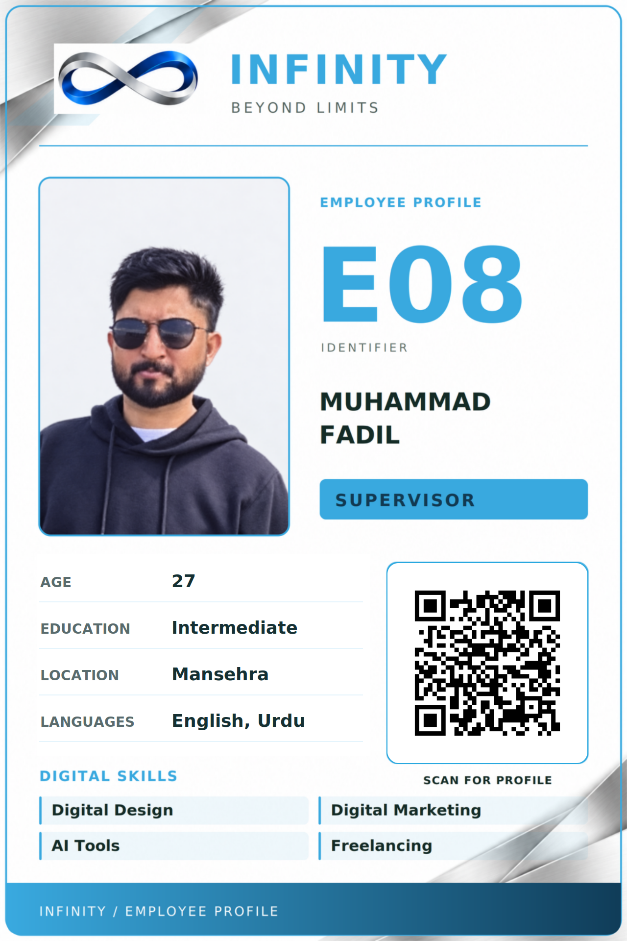 Front of INFINITY E08 employee card for Muhammad Fadil